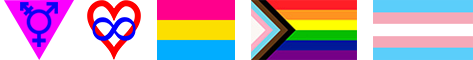 LGBTQ+ and inclusivity symbols. From left to right: a transgender symbol, a polyamory symbol, the pansexual pride flag, the Progress pride flag, and the transgender pride flag.